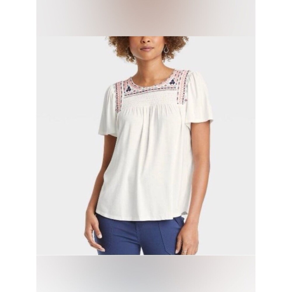 Knox Rose Embroidered Flutter Sleeve Peasant Top Cream Size Medium Boho Keyhole